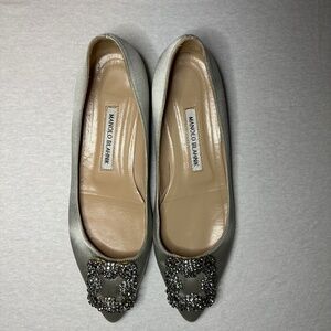 Manolo Blahnik Satin Jewel Buckle Flat Pumps